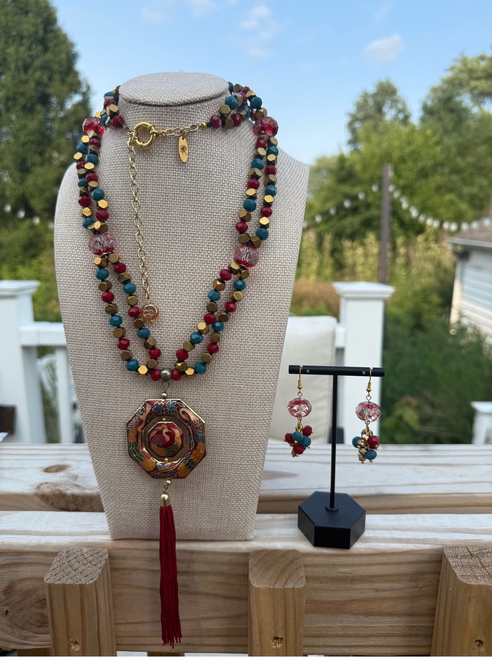 Handmade Glass Beaded Earrings & Necklace with Cloisonné Pendant & Red Tassel - Picture 2 of 7